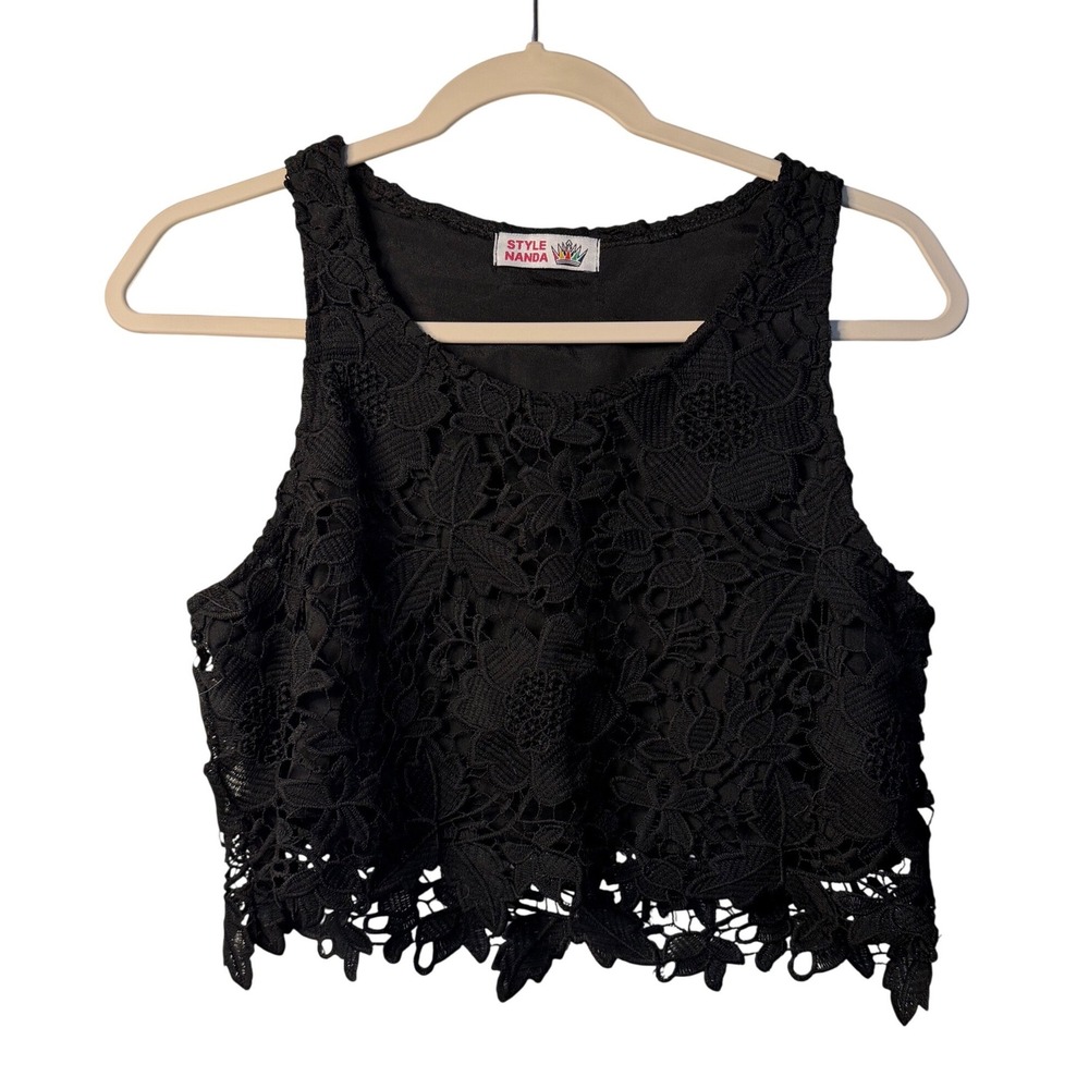 Style Nanda Womens Small Black Lace Floral Crop Top Sleeveless Blouse Casualwear